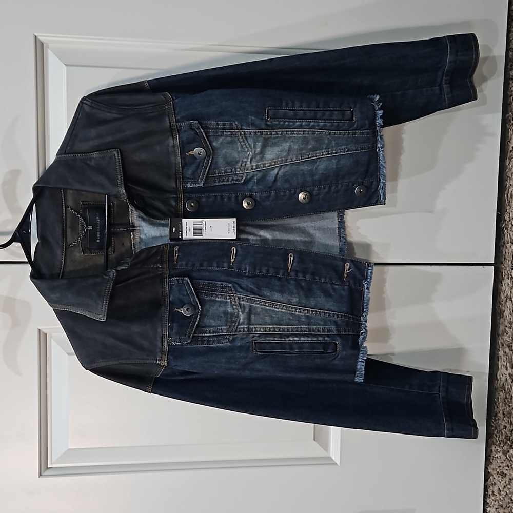 BCBGMaxazria Mixed-Media Dark Denim Cropped Jacket